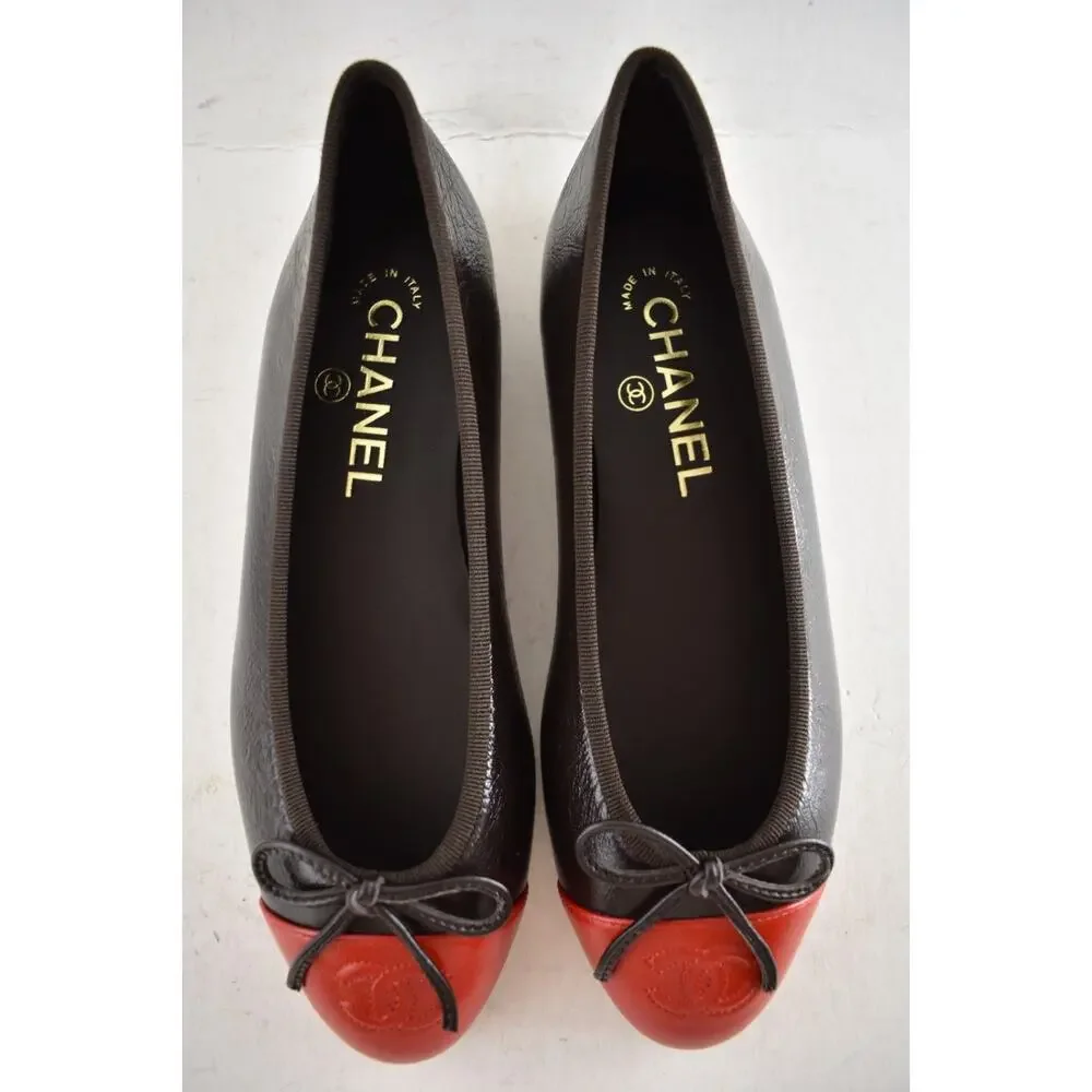Chanel 26S Dark Brown Red Leather CC Logo Cap Classic Ballet Ballerina Flat 39 - Picture 16 of 16